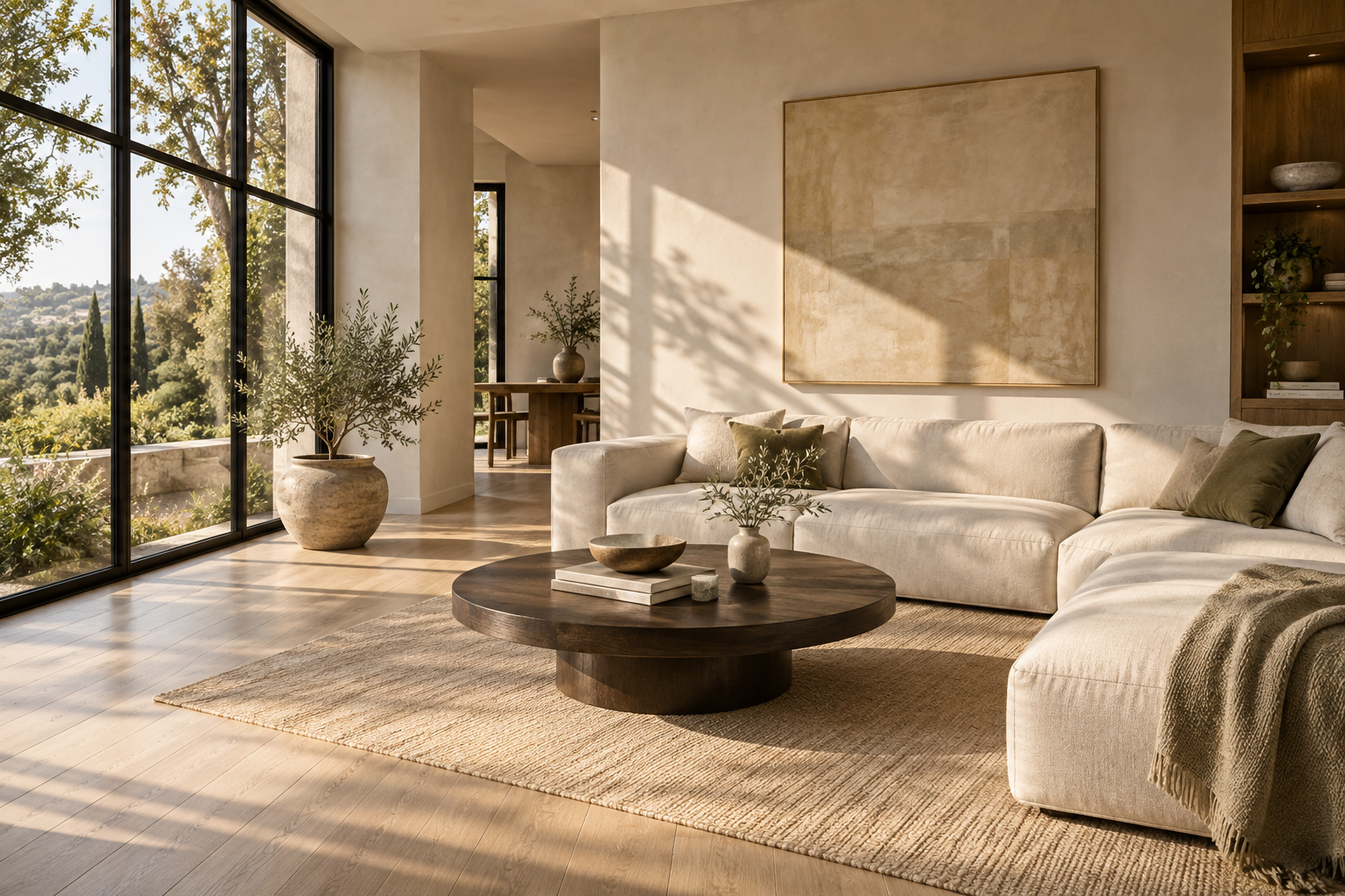 AI-generated interior concept: a sunlit living room with a linen sofa, wood table, and large garden-facing windows.